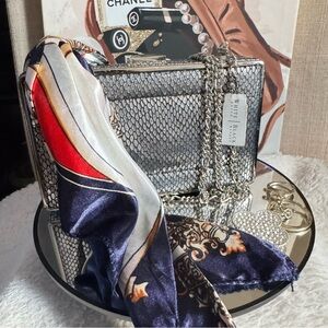 Bundle! WHBM Faux Snakeskin Metallic Clutch + Ringed Scarf + Clover Charm